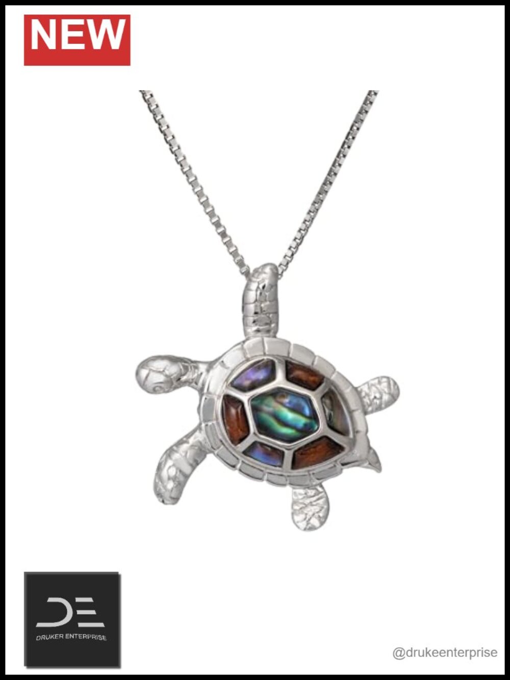 925 Sterling Silver Koa Wood Abalone Turtle Pendant Necklace